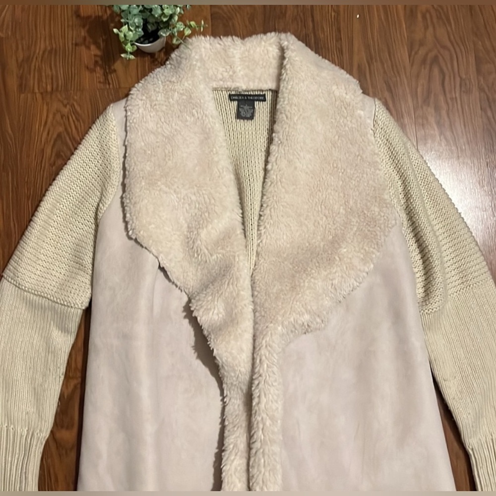 Chelsea and Theodore Suede Faux Fur Open Front Cardigan Sweater Jacket Size L - Picture 2 of 3